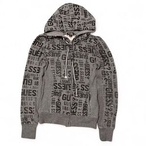 Guess jeans all over print full zip fleece hoodie vtg y2k thermal hood Xs/14.25